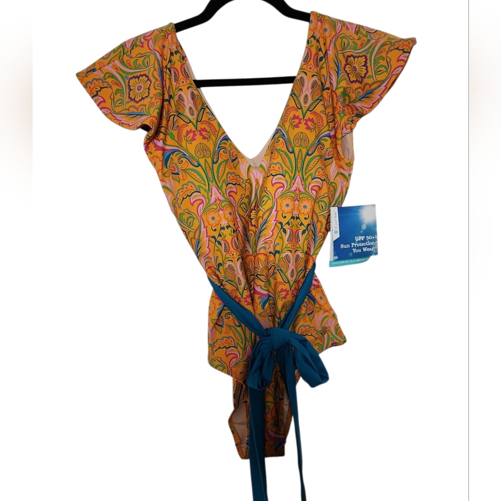 Coolibar Womens Coconut Grove Flutter‎ Sleeve One Piece Swimsuit Nwt Medium
